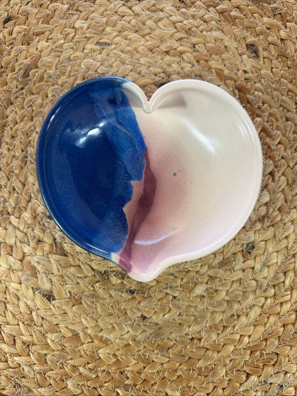 Handmade Heart Ceramic Dish - Blue, Pink & Cream Signed